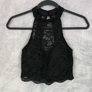 City Studio Black Lace Halter Cropped Top Size 7 Sparkle Whimsigoth Holiday